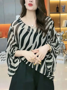 QINGNAER | Zebra Print V-Neck Transparent Blouse Summer Fashion Plus Size