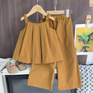 LJBear Leader Ternos Kids Clothes Girls Korean Suits Summer New Fashion Pleated Suspender Tops and Brown Skirts 2 Pieces Outfits Childrens Fashion Clothing Casual Wear 3-7 Years