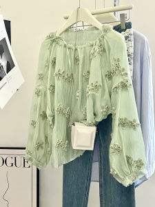 PAIBOLI | French Vintage Green Lace Splicing Long Sleeve Womens Shirt Design Sensation Small Elegant Top Summer 2025 Casual Travel