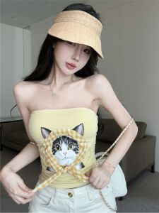 GUZILIAN | Sweet Spicy Cat Print Halter Top Womens Summer Slim Fit Exquisite Outerwear Tube Top Fashionable Commute Style Short Length