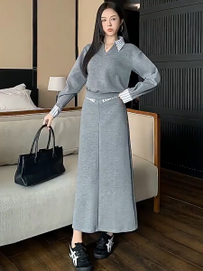 Set đồ nữ giữ ấm set đồ thu đông set công sở áo thiết kế thanh lịch phối sọc caro cổ bẻ tay dài kèm chân váy suông dài