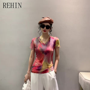 REHIN European-style summer fashion mesh printed short-sleeved T-shirt V-neck slim-fit S-3XL trendy top with floral pattern