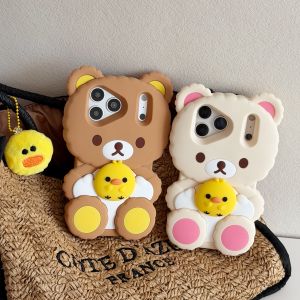 EOENKK | Cute Cartoon Rilakkuma Holding Chicken Silicone Phone Case For iPhone 17 16 15 14 13 Pro Max Plus 16e 17e Leg Stand Back Cover