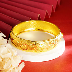 Kemstone Dragon Phoenix Bracelet A Harmonious Union Lasting A Hundred Years Carved Pattern Good Things Come in Pairs Womens Gold Plated Bangle Bracelets Jewelry Gift