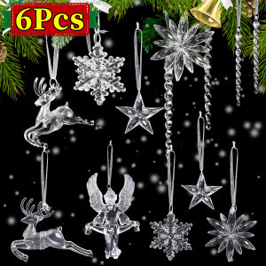 6pcs Clear Acrylic Snowflake Christmas Tree Ornaments / Star Ice Picks Deer Shaped Crystal Hanging Pendant / Christmas New Year Party Home Decoration Supplies