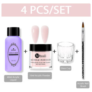 4PCS/Set 10ml Nail Acrylic Powder and Liquid Set Carving Nail Art Gel Acrylic Nail Kit with Liquid Monomer Nail Brush Tools Kit