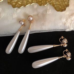 Vintage Court Retro French Artistic Waterdrop Pearl Silver Needle Earrings Clip Ons Twinkling Doki Mixed Material Heart Bell