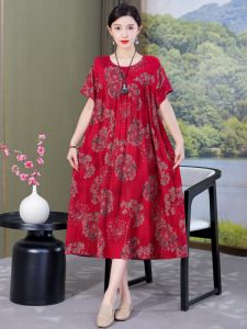 plus Size Summer Cotton Silk Dress Floral Print Casual Short Sleeve Midi Dress for Middle-Aged Women Comfortable Loose Fit