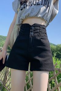 High Waist plus Size Denim Shorts Womens Summer Thin A-Line Wide Leg Hot Pants Button Closure Tummy Control Short Shorts