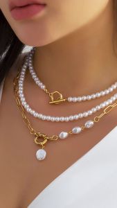 Ingemark Multilayer Imitation Pearl OT Buckle Pendant Necklace Women Wed Bridal Goth Bead Chain Y2K Accessories Neck Jewelry