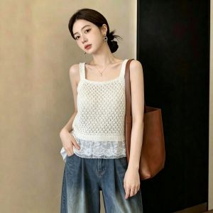 Slim Fit Lace Insert Hollow Out Knit Tank Top for Large Sizes