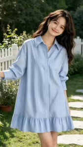 Womens Striped Shirt Dress Collared Long Sleeve Ruffle Hem Casual Loose Mini Dress L2425