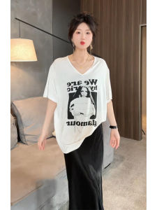 YUEZHONGWEI | Áo thun tay ngắn cổ chữ V in hình người Mỹ mùa hè 2025 dáng rộng thoải mái thường ngày bằng vải cotton pha trộn