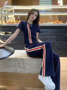 Bộ Đồ Thể Thao Thường Ngày Màu Xanh Lam Mùa Hè Cho Nữ Bộ Quần Áo Hai Mảnh Tay Ngắn Quần Ống Rộng Cạp Cao Phong Cách Ngọt Ngào