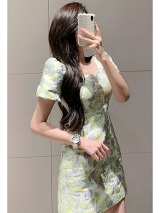 Summer French Style Slimming Waist Dress Womens Print Party Dress High Waist A-Line Short Sleeve Comfortable Polyester Fiber
