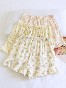 Summer Thin Pure Cotton Bubble Cotton Gauze Home Shorts Womens Loose Floral Print High Waist Elastic Waistband Casual Comfortable Shorts