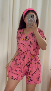 Womens Printed V-Neck Blouse and Shorts Terno Sets with 2 Side Pockets - Suits Clothes