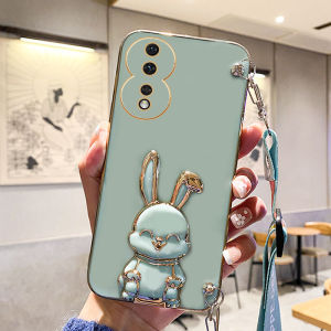 Cute Rabbit Honor 80 Phone Case with Stand Silicone Anti-Fall Protection Full Lens Cover Soft Shell Crossbody Hanging Rope GT