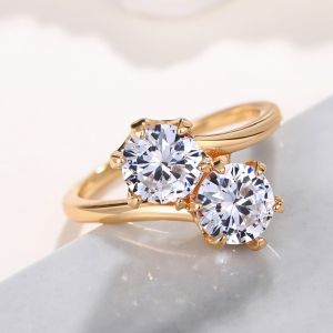 Huitan Double Round Cubic Zirconia New Rings for Women Fashion Wedding Accessories Luxury Gold Color Temperament Female Jewelry