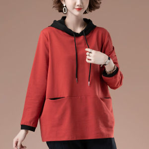 Large Size Cotton Hoodie Womens Fashion T-Shirt Loose Belly Covering Slimming Pocket Top Korean Style Print Long Sleeve
