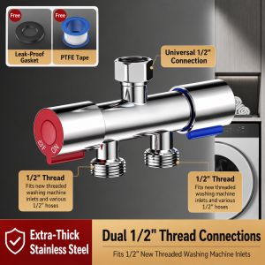 Stainless Steel Washing Machine Adapter 1 Inlet 2 Outlet 1/2 Three Way Faucet Splitter Auto Shut-Off Water Diverter For Home