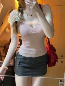 Summer Low Neck Lace Trim Tank Top Womens Integrated Bra Strap Vest Sweet Style Short Length Online Exclusive Short Sleeve