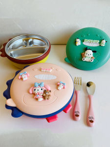 Baby Food Supplement Plate Cartoon Cute 316 Stainless Steel Drop-Resistant Eating with Suction Cup Water Injection Thermal Insulation Oven Mitts Portable