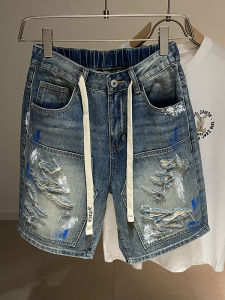 กางเกงยีนส์ขาดสำหรับผู้ชาย ฤดูร้อน 2025 กางเกงขาสั้นทรงหลวมสไตล์อเมริกัน ทรงตรง 5 นิ้ว กางเกงยีนส์ทรงลำลอง