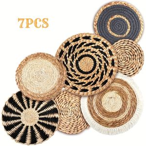 7Pcs Boho Chic Handcrafted Seagrass Wall Baskets Rattan Woven Round Bohemian Decor for HomeFarmhouse-FeatherlessVersatile Use