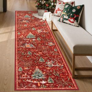 VIKAMA Christmas Hallway Runner Xmas Tree Snowflake Print Long Rug Non Slip For Kitchen Bedroom Entryway Holiday Decor