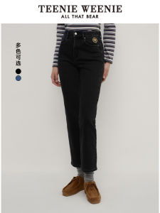 TeenieWeenie Black Straight Leg Jeans Lightweight Warm Velvet Autumn Nine-Piece Simple Style Womens Fashion Jeans