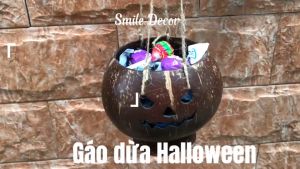 Giỏ đựng kẹo  đựng nến bằng gáo dừa Smile Decor hình bí ngô trang trí Halloween (kèm nến)