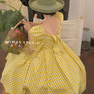 VIMAS Fresh And Playful Backless Bowtie Yellow Plaid Dress Retro Commute Style Bubble Sleeve Cotton Blend Mid-length A-line Dress