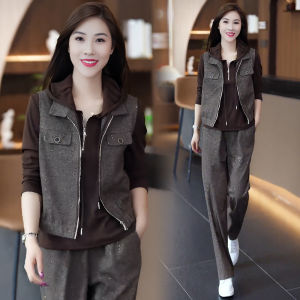 Fashionable Sportswear Set Womens Loose Wide Leg Pants Vest Three Piece Set Autumn New Style Ageless Design Slimming Effect