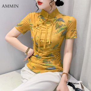 AMMIN Summer New Chinese Style Chinese style disc buckle design Stand collar Abstract graffiti print slim chic short sleeve T-shirt Womens national style landscape print Large Size S-3XL Casual Comfortable Elegant blouse