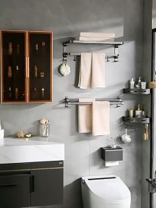 SRUE gun gray towel rack hanging rack without perforated stainless steel space aluminum bathroom towel rack bathroom accessories storage rack