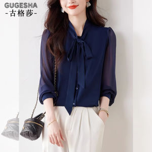 Fashionable Long Sleeve Womens Shirt Butterfly Knot Sash Elegant Versatile Slimming Trendy Commute Style Korean Loose Fit