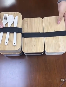 1200ml Bamboo Lid Double Layer Bento Box with Tableware Set Lunch Box