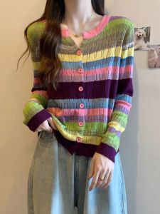 plus Size Womens V-Neck Long Sleeve Knitted Cardigan Striped Dopaamine Mosaic Early Autumn New Style Korean Style Regular Fit
