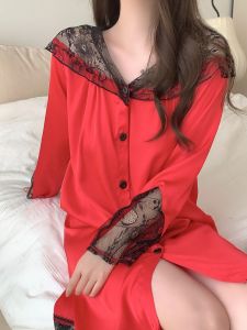 น้ําแข็งและหิมะสีบริสุทธิ์ ผ้าไหม แขนยาว ลูกไม้ นอน เดรส เซ็กซี่ คอวี ความยาวปานกลาง สไตล์บริการบ้านสําหรับเยาวชนใน ฤดูใบไม้ผลิ และ ฤดูใบไม้ร่วง