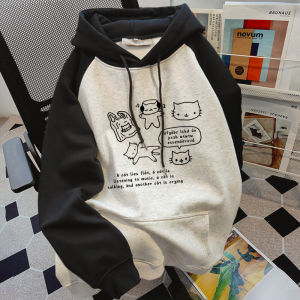 Chic Cat Print Hoodie Womens Loose Fit Autumn Winter Street Style Couples Jacket Casual Comfortable Polyester Cotton Blend