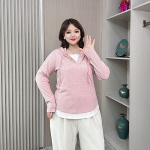 Fall New plus Size Womens Loose Casual Long Sleeve Base Shirt Hoodie Short Jacket Fake Two-Piece Slimming Effect Comfortable