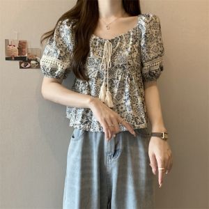 Floral Bubble Sleeve Short Sleeve Shirt Women Summer plus Size Slimming Sweet And Spicy One Shoulder Top Beautiful Small Shirt