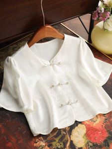 Summer New Style Chinese National Sensation Short Sleeve Satin Surface Embroidery High-End Feeling Top Womens Fashion