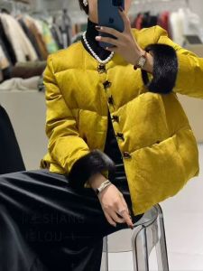 New Chinese Style Short round Neck Mink Fur down Jacket Womens Luxury Lightweight Winter Coat White Goose down Filling