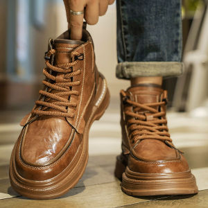 Mens High Top Martin Boots Anti-Slip Wear-Resistant Mid-Cut Work Shoes Sports Outdoor Heightening White Sneakers Thick Bottom