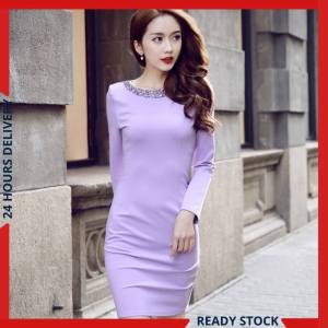 CFBOUTIQUE Korean Style Women Fashion Embellished Long Sleeve OL Dinner Dress