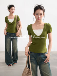 BAIDAIFEI | U-Neck Faux Two-Piece Straight Shoulder Slim Fit Short Sleeve Womens T-Shirt