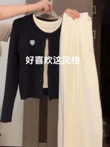 Spring Fashion Casual Knitted Cardigan Tank Top Pants Set Simple Minimalist Womens Ensemble for Young Adults Workwear