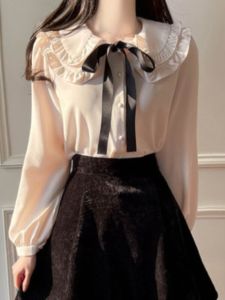 Elegant Doll Collar Long Sleeve Shirt Womens Fashion Butterfly Knot Chiffon Design Sensation Early Autumn Top Korean Style